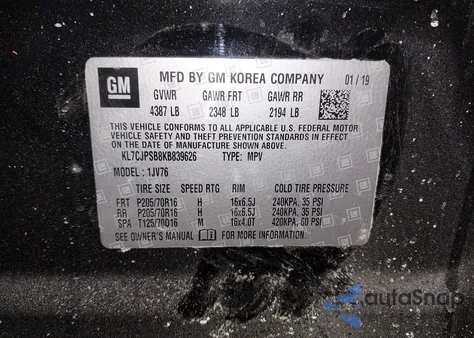 2019 Chevrolet Trax Lt из США, поврежденный, VIN KL7CJPSB8KB839626